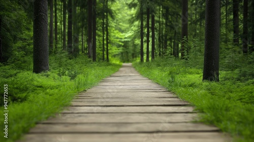 Serene Woodland Path: A wooden pathway winds through a lush, verdant forest, inviting contemplation and exploration. The soft light filters through the towering trees