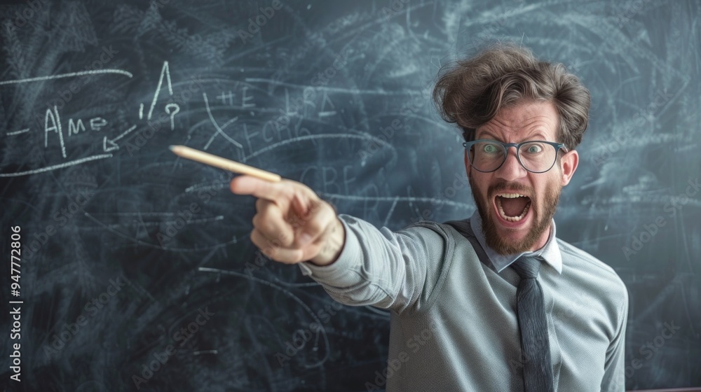 A man with glasses pointing at a chalkboard with equations on it A man with glasses pointing at a chalkboard with equations on it