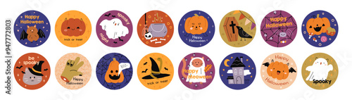 Cute Halloween stickers set. Circle decorations for October holiday. Happy He...