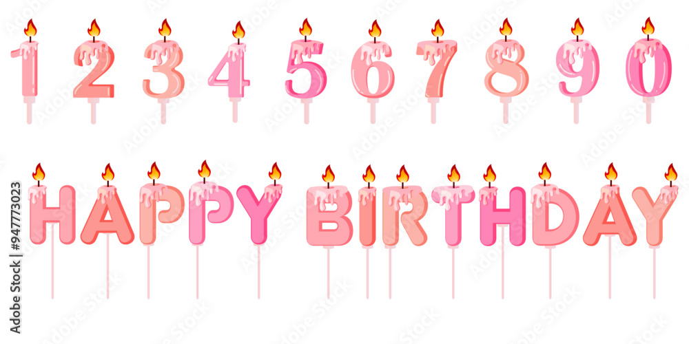 Burning pink birthday candles set for girl. Number and letter candles. Vector illustration EPS10. Burning pink birthday candles set for girl. Number and letter candles. Vector illustration EPS10.