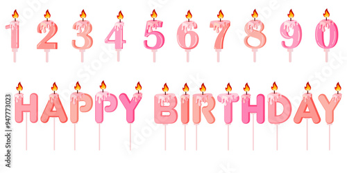 Burning pink birthday candles set for girl. Number and letter candles.  Vector illustration EPS10.