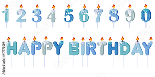 Burning blue birthday candles set for boy. Number and letter candles. Vector illustration EPS10.