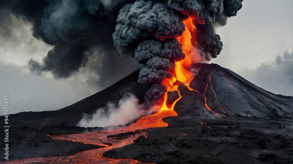 Isolated volcano eruption with flowing lava, white backdrop Isolated volcano eruption with flowing lava, white backdrop