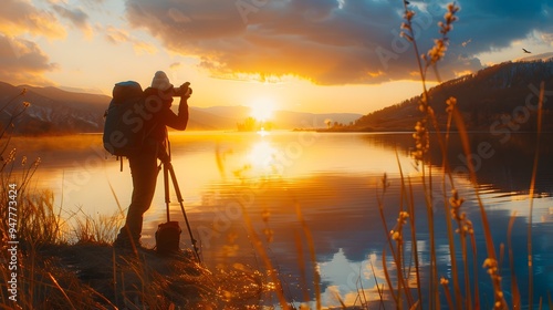 Fototapeta Naklejka Na Ścianę i Meble -  A photographer capturing a stunning sunset over a serene lake with their camera