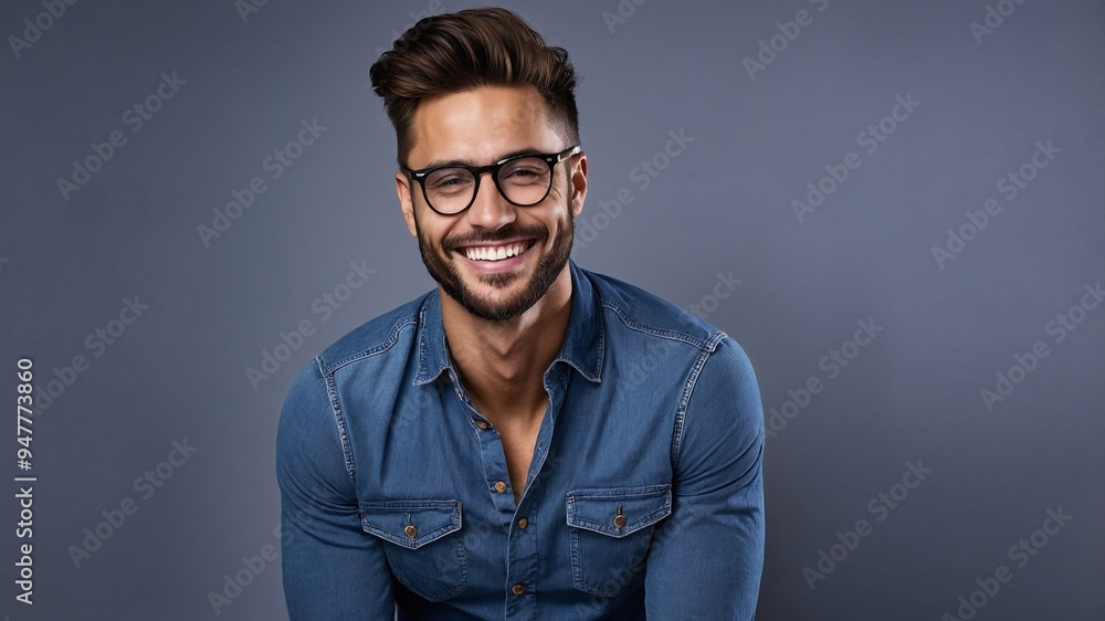 Obraz premium 幸せそうに微笑むジーンズシャツとメガネ姿のおしゃれなハンサム男性の魅力