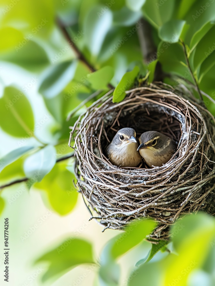 Two baby birds nestled in a woven nest in a tree. Two baby birds nestled in a woven nest in a tree.