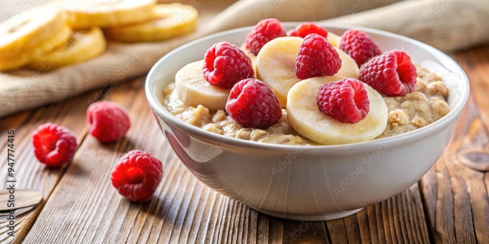 Close-up of delicious oatmeal with fresh raspberry and banana slices, healthy, breakfast, food, meal, fruits, berries Close-up of delicious oatmeal with fresh raspberry and banana slices, healthy, breakfast, food, meal, fruits, berries