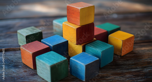 Colorful Wooden Cubes on a Rustic Table Symbolizing Diversity and Unity 