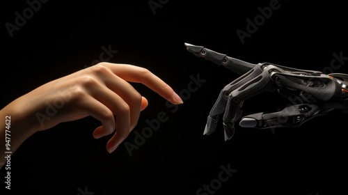 Human and Robot Touch:  A human hand reaches out to a robotic hand, their fingers nearly touching in a symbolic image of the evolving relationship between humanity and artificial intelligence. The dra photo