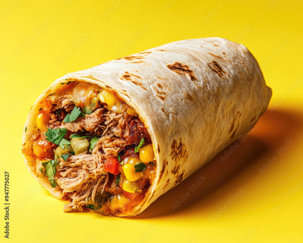 Studio Photo of a Carnitas Burrito with Bright Lighting Studio Photo of a Carnitas Burrito with Bright Lighting