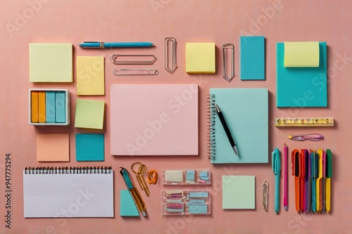 A flat lay of assorted office supplies