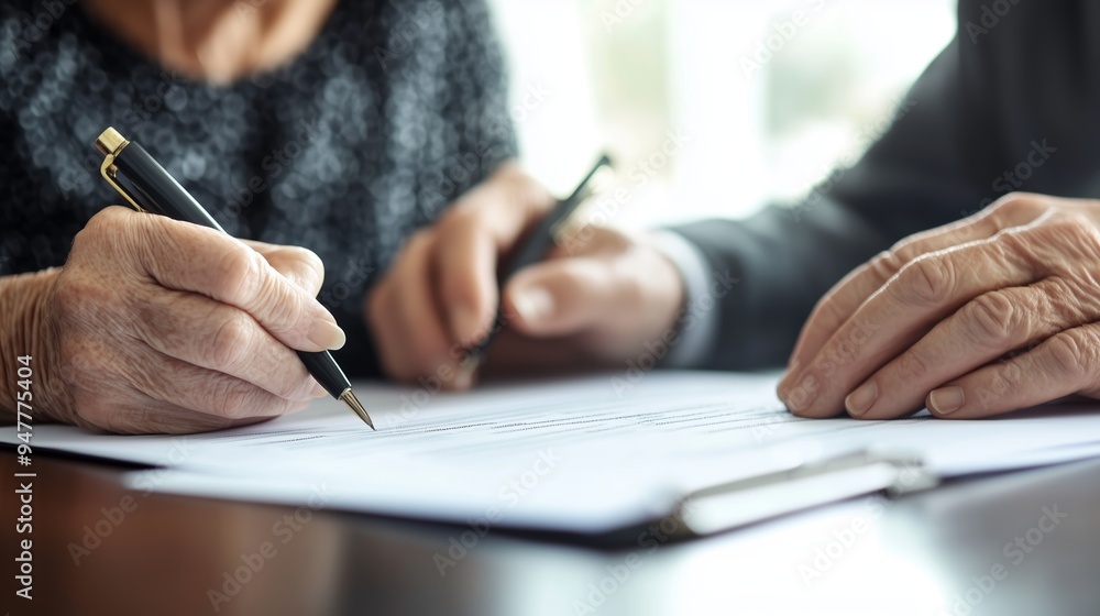 Elderly couple signing important documents at a table in a cozy, well-lit room during the morning hours Elderly couple signing important documents at a table in a cozy, well-lit room during the morning hours