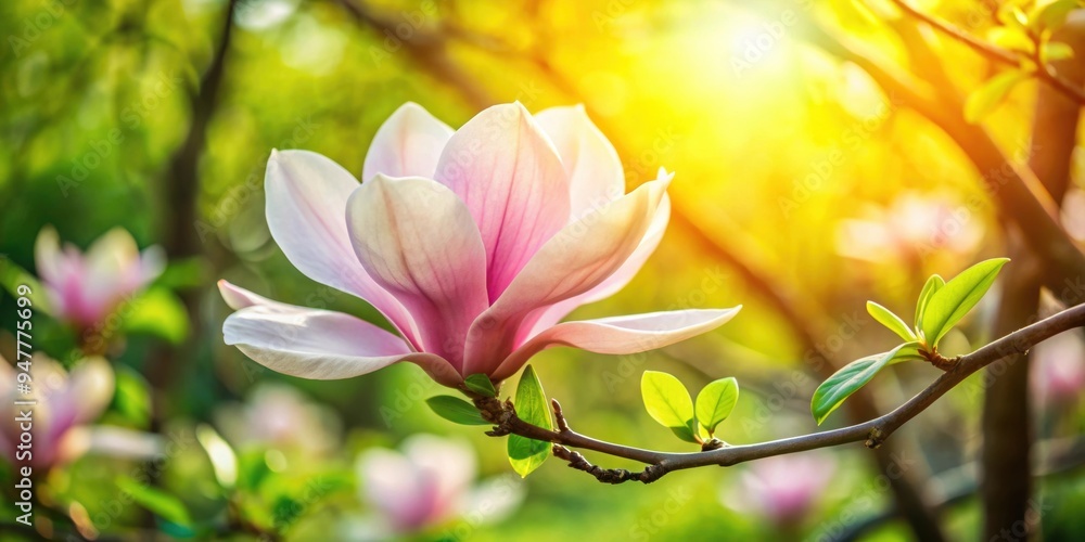 Obraz premium Sunlit magnolia blossom surrounded by lush greenery in a beautiful garden, Sunlight, Magnolia, Blossom, Flower, Garden