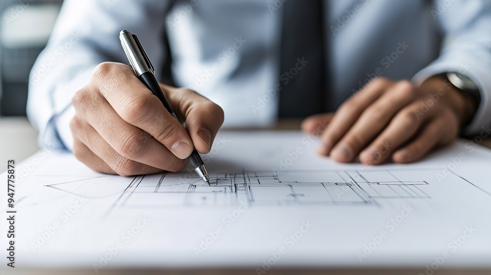 Architect's Precision: A closeup view of an architect's hand meticulously drawing a blueprint, highlighting the detail and focus required in this profession. Architect's Precision: A closeup view of an architect's hand meticulously drawing a blueprint, highlighting the detail and focus required in this profession.