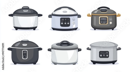 Vector illustration of a set of electric rice cookers set aside on a white background