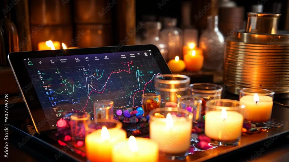 A digital trading setup with colorful candles and decor by night A digital trading setup with colorful candles and decor by night