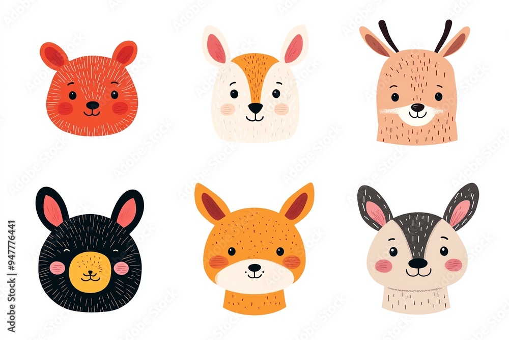 Obraz premium Cute animal faces set, perfect for kids illustrations.