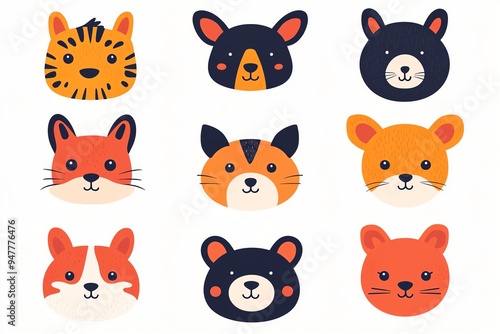 Adorable baby animal faces, full of charm and innocence, flat design illustration