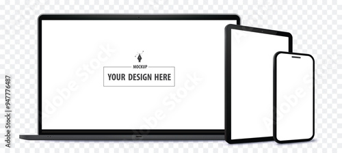 Laptop Computer, Tablet PC and Mobile Phone Mockup. Digital devices screen vector illustration  template with transparent background.