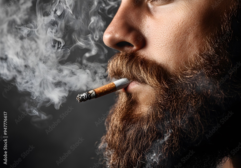 Obraz premium A bearded man smoking a cigarette, a close-up profile portrait isolated on a grey background with copy space. 