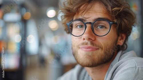 A young man with curly hair and glasses, smiling softly while sitting in a cozy cafe. The background is blurred, creating a warm and inviting atmosphere.