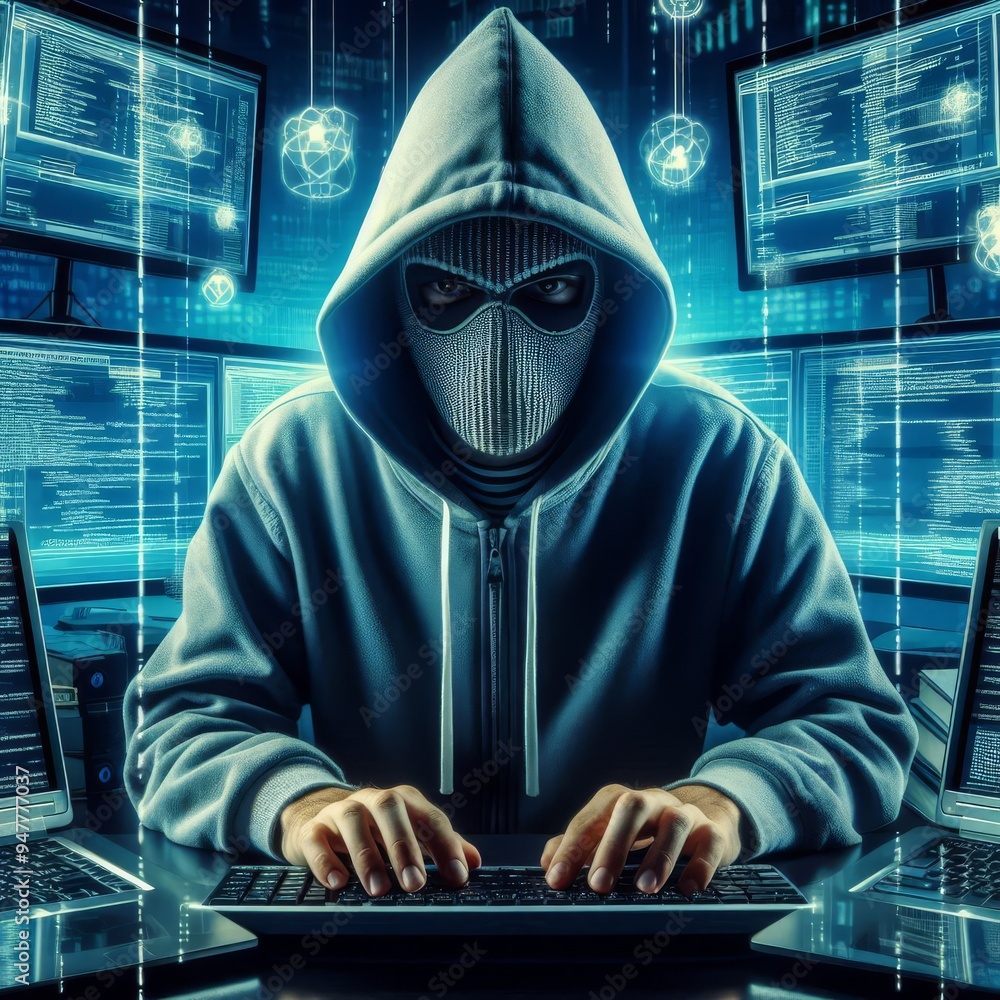 Anonymous hacker in front of his computer
Anonymous hacker in front of his computer
