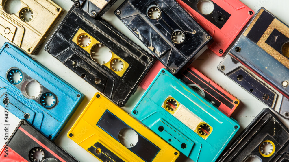 A collection of old cassette tapes in various colors and sizes. Concept of nostalgia and a longing for the past, as cassette tapes were once a popular form of music storage and playback. A collection of old cassette tapes in various colors and sizes. Concept of nostalgia and a longing for the past, as cassette tapes were once a popular form of music storage and playback.