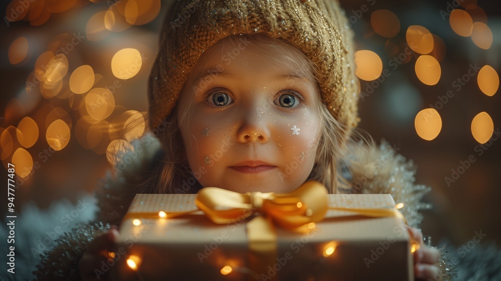 A young child with sparkling eyes holds a beautifully wrapped gift adorned with a golden ribbon. The background features soft, glowing lights, creating a warm, festive atmosphere. A young child with sparkling eyes holds a beautifully wrapped gift adorned with a golden ribbon. The background features soft, glowing lights, creating a warm, festive atmosphere.