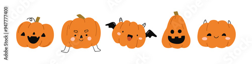 Wallpaper Mural Cute Halloween pumpkins with happy funny face expressions. October holiday decorations, Jack-o-lantern characters. Traditional fall squash. Kids flat vector illustration isolated on white background Torontodigital.ca