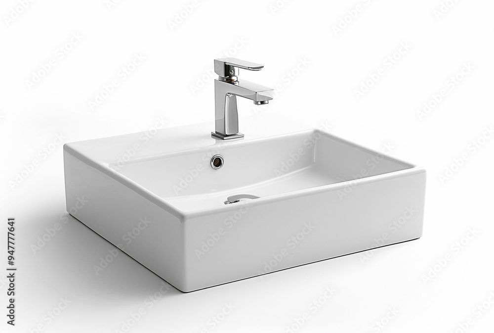 Ceramic washbasin and chrome faucet on a white background Ceramic washbasin and chrome faucet on a white background