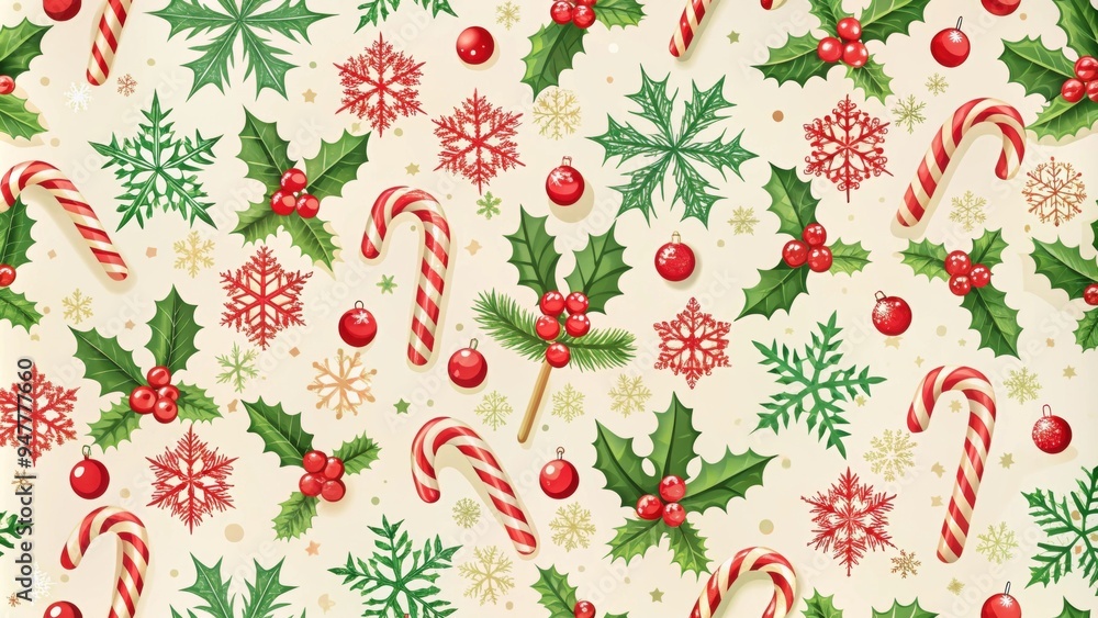 Festive Christmas pattern featuring candy canes, holly leaves, and snowflakes, Christmas, pattern, festive, holiday, candy canes Festive Christmas pattern featuring candy canes, holly leaves, and snowflakes, Christmas, pattern, festive, holiday, candy canes
