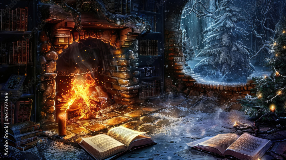 The crackling fire casts a warm glow in the study, where open books await reading amid a snowy landscape outside The crackling fire casts a warm glow in the study, where open books await reading amid a snowy landscape outside