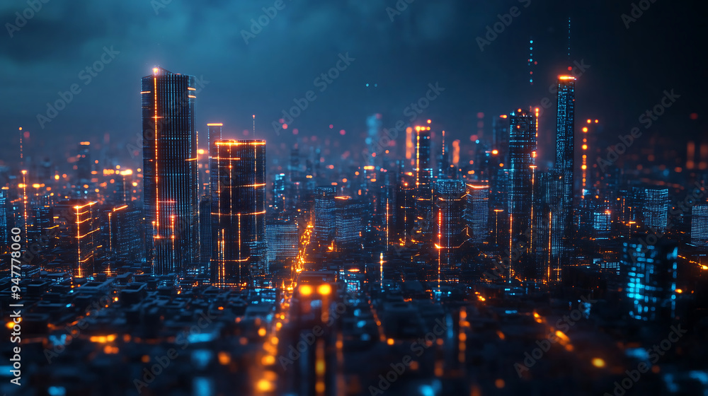 Fototapeta premium futuristic cityscape at night, illuminated by orange and blue lights