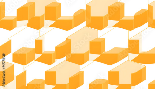 Contemporary geometric tessellated repeating 3d cube blocks pattern of orange linear square outlines, PNG Transparent Background isolated with white highlights, png photo