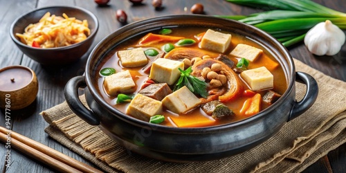 A delicious and healthy Korean Soybean Paste Stew (doenjang jjigae) with tofu, vegetables photo