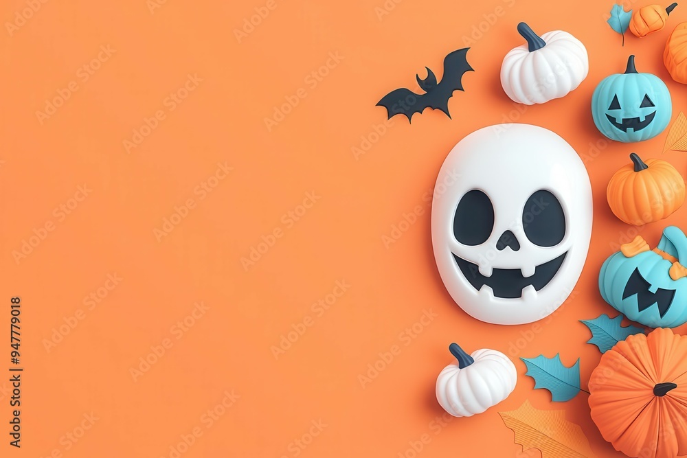 A festive Halloween scene featuring colorful pumpkins, a spooky skull, and playful bats on a vibrant orange background. A festive Halloween scene featuring colorful pumpkins, a spooky skull, and playful bats on a vibrant orange background.