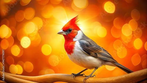 A majestic Red-Crested Cardinal juxtaposes vibrant orange hues with its crimson plumage, glistening in sunlight amidst delicate features and intricate patterns. photo