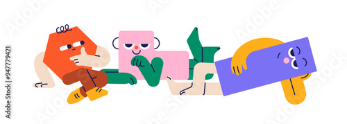Cute geometric shapes, funny creative characters group. Playful geometry figures with happy humor faces, emotions in modern comic fun style. Flat vector illustration isolated on white background