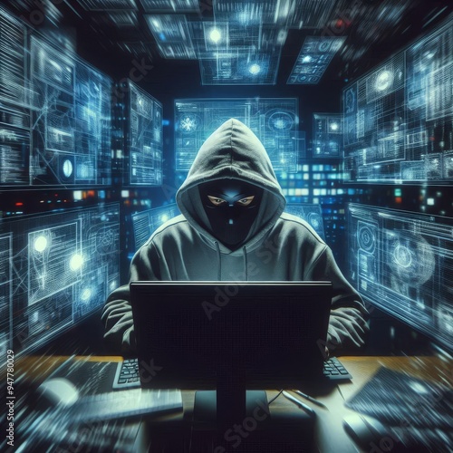 Anonymous hacker in front of his computer 