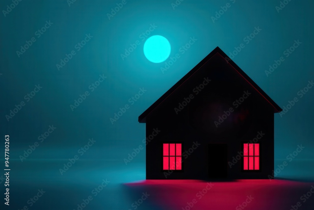 A spooky house silhouette illuminated by red windows under a glowing moon in a mysterious blue atmosphere. A spooky house silhouette illuminated by red windows under a glowing moon in a mysterious blue atmosphere.