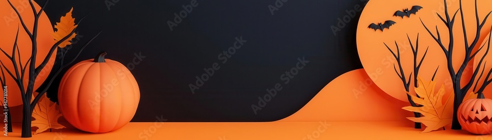 A vibrant Halloween scene featuring pumpkins, autumn leaves, and bats in an orange and black color palette, perfect for festive designs. A vibrant Halloween scene featuring pumpkins, autumn leaves, and bats in an orange and black color palette, perfect for festive designs.