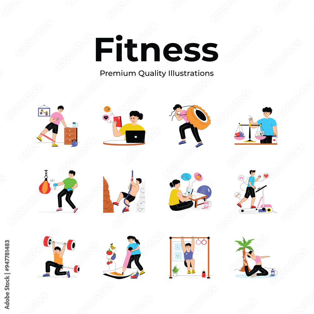 Grab this set of fitness and exercise flat illustrations Grab this set of fitness and exercise flat illustrations