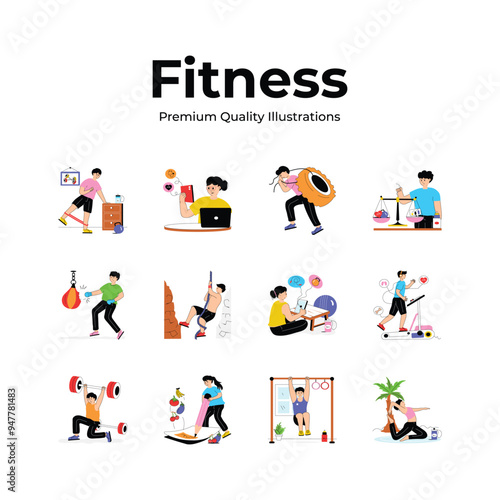 Grab this set of fitness and exercise flat illustrations