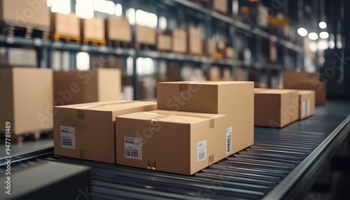 Cardboard Boxes on a Conveyor Belt in a Warehouse