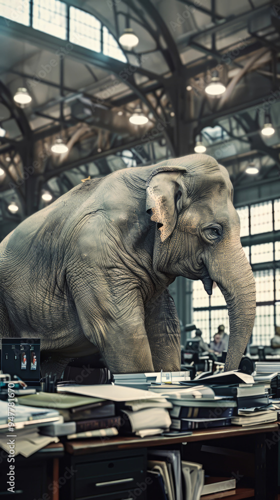 Fototapeta premium A large elephant explores a bustling office environment, surrounded by papers and office equipment under bright lights