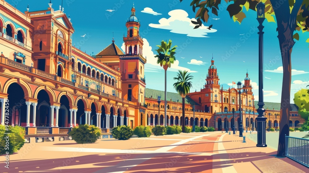 Fototapeta premium Postcard from Sevilla. Flat illustration. View of Seville, main attractions. Travel in Spain. Holidays in Andalusia. Horizontal banner, free space for text. Tourism concept. Andalusian trip