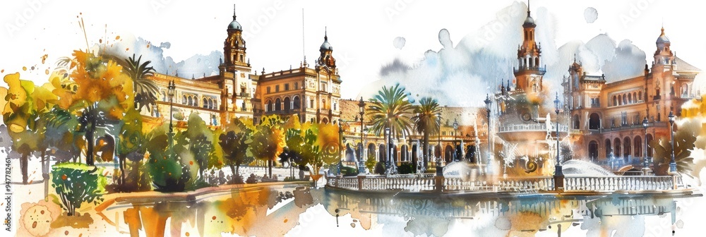 Naklejka premium View of Seville, Plaza de España. Travel in Spain. Holidays in Andalusia. Horizontal banner, free space for text, watercolor illustration. Postcard from Sevilla. Tourism concept. Andalusian trip