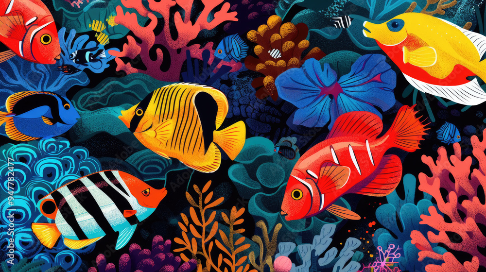 A lively coral reef bustling with various fish species showcasing bright colors and intricate patterns in a rich marine environment A lively coral reef bustling with various fish species showcasing bright colors and intricate patterns in a rich marine environment