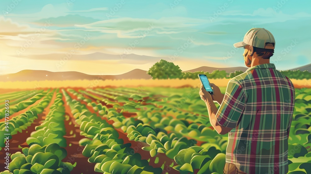 Fototapeta premium Digital Farming Smart Farmer Consults Virtual Assistant for Optimal Planting Time in Lush Field Setting