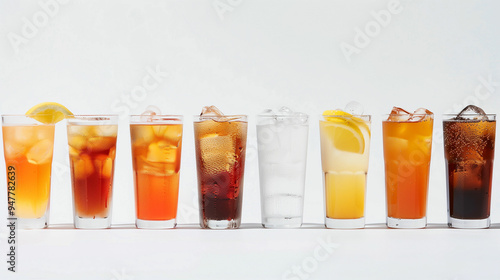 A colorful array of refreshing beverages served in tall glasses on a bright background photo